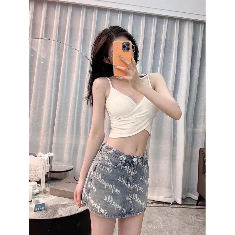 Printed Fake Two-Piece Denim Skirt Pants for Women Summer New European and American Style Versatile Slimming A-Line 